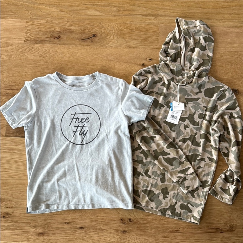Free Fly Kids Light Blue T-Shirt and Camouflage sun Protection Hoodie Set